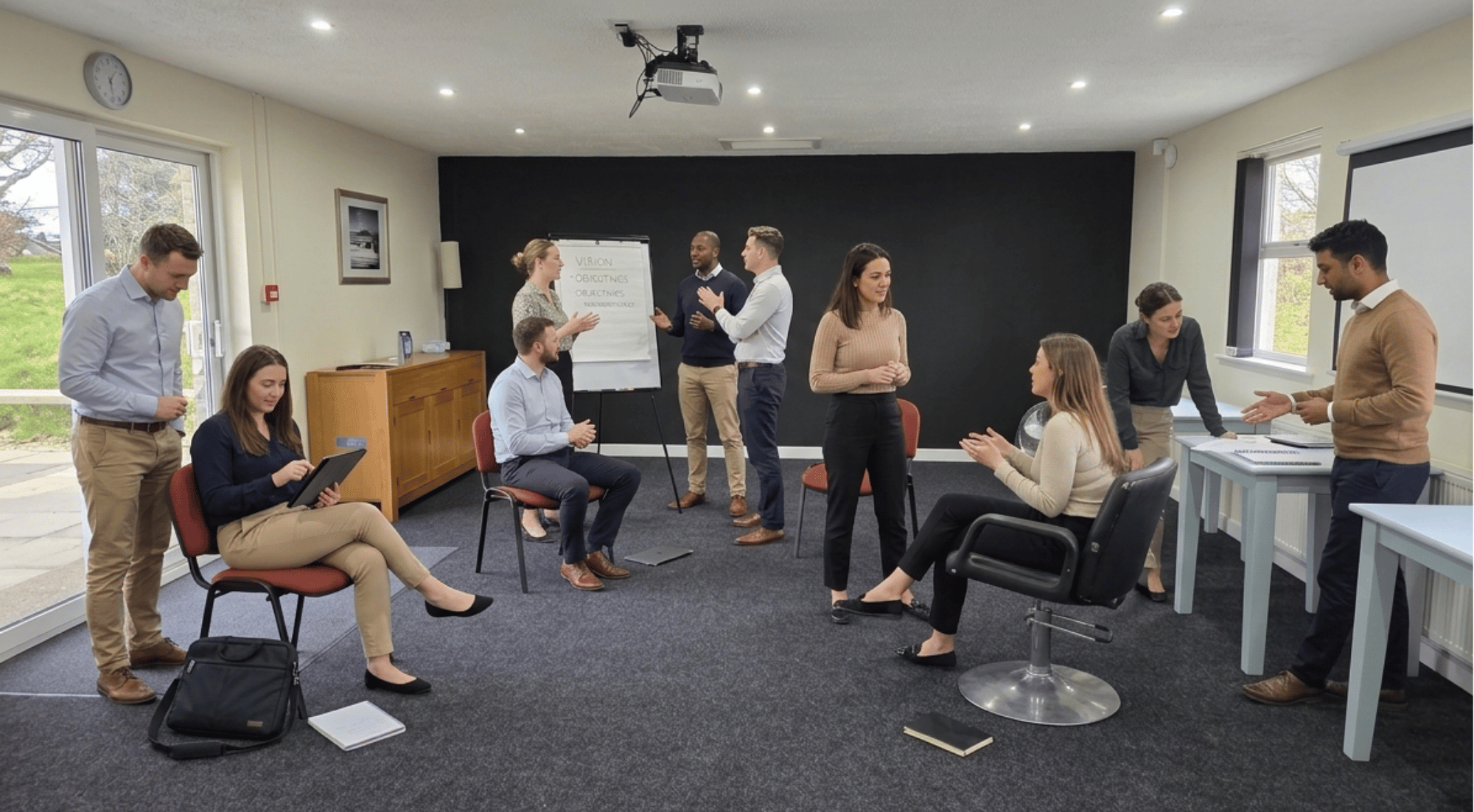 Durry: A diverse group of professionals in a conference room engaged in discussions around a flip chart and whiteboard.